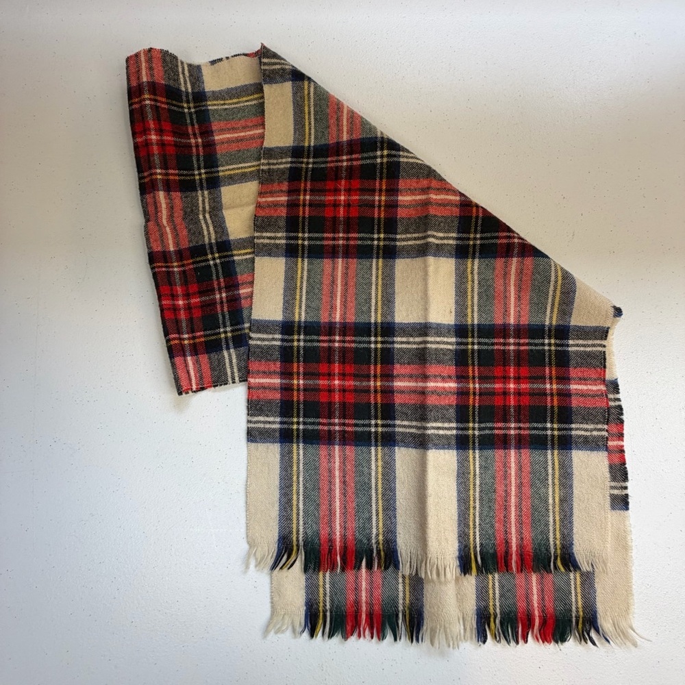 Vintage Wool Plaid Scarf Red Navy Cream Tartan Fringe Winter Soft Classic Mens